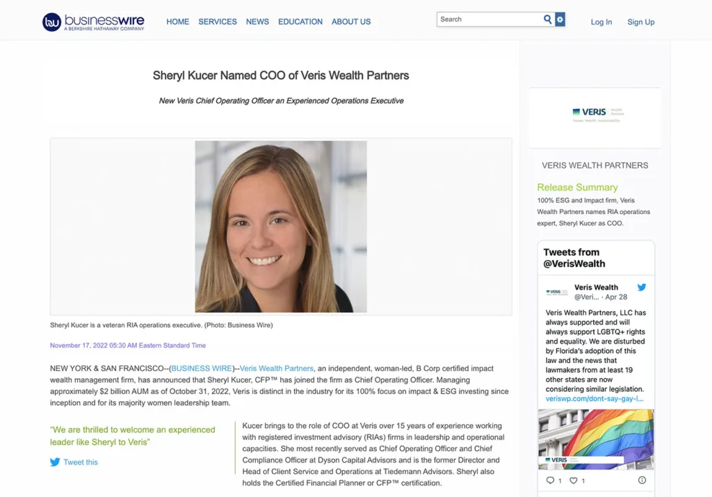 Sheryl Kucer Named COO of Veris Wealth Partners