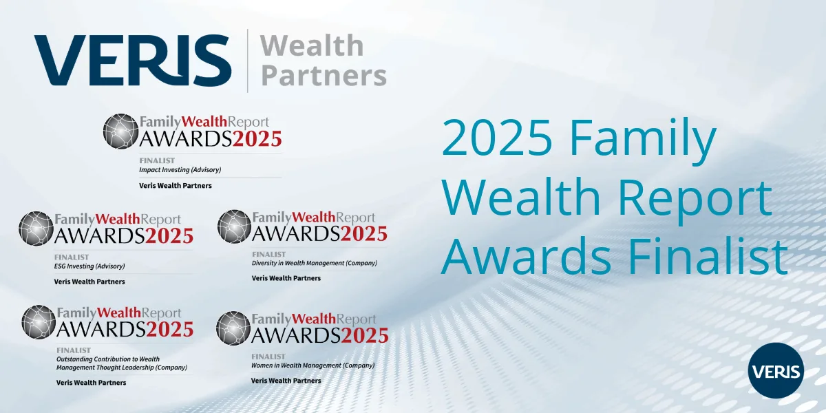 Veris Wealth Partners, financial advisor to foundations, endowments and families, was selected as a finalist in five of the 2025 Family Wealth Report Awards: ESG Investing (Advisory), Impact Investing (Advisory), Diversity in Wealth Management (Company), Outstanding Contribution to Wealth Management Thought Leadership (Company), and Women in Wealth Management (Company Contribution).