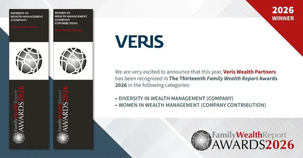 Images of two Family Wealth Report Awards - both awarded to Veris Wealth Partners. The categories are Women in Wealth Management (Company Contribution) and Diversity in Wealth Management (Company).