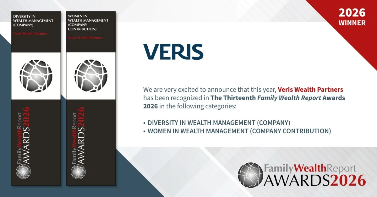 Images of two Family Wealth Report Awards - both awarded to Veris Wealth Partners. The categories are Women in Wealth Management (Company Contribution) and Diversity in Wealth Management (Company).
